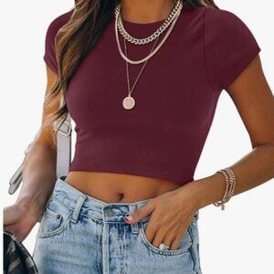 Reoria Short Sleeve Crew-Neck Tee-Shirt Shirts Crop Top - Burgundy